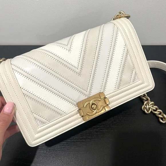 CHANEL Bags Chanel Braided Chevron Medium Boy Flap Bag Cream - Main Image
